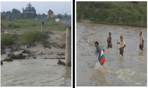 सिरहाः झोलुँगे पुल निर्माण नहुँदा स्थानीयहरु जोखिम मोल लिएर खोल तर्न बाध्य
