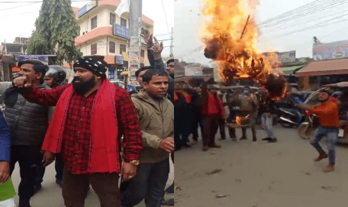 'अराजक मन्त्री रेणु यादवलाई बर्खास्त गर' भन्दै राजधानीमा पुतला दहन