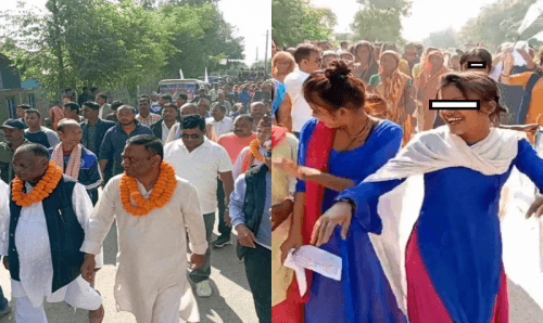 डिजे घन्काउँदै किशोरी नचाएर एमाले- जसपाका उम्मेदवार डा. बिरेन्द्र महतोको घरदैलो